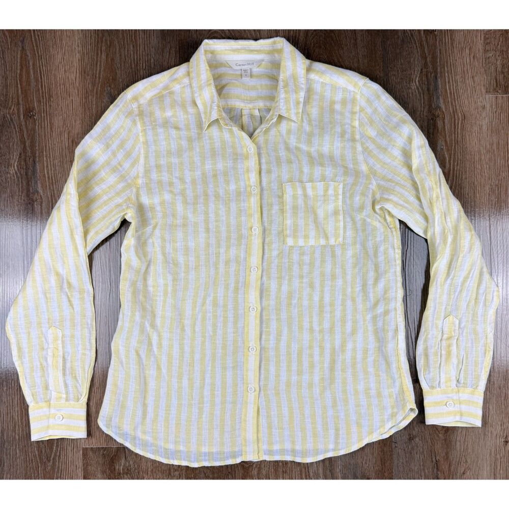Garnet Hill Yellow White Striped 100% Linen Button-Down Shirt Size 6